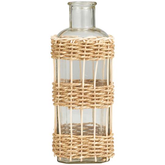 13" Clear Glass Handmade Vase with Light Brown Rattan Woven Body